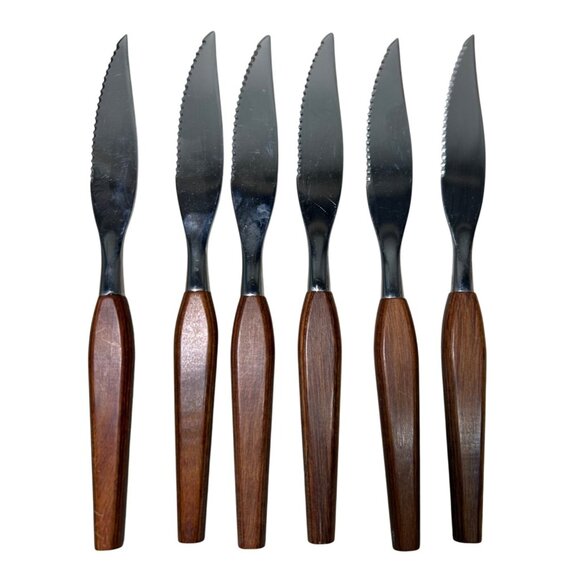 Vtg Washington Forge Town & Country Steak Knife Set Fleetwood wood handle MCM - Picture 3 of 3